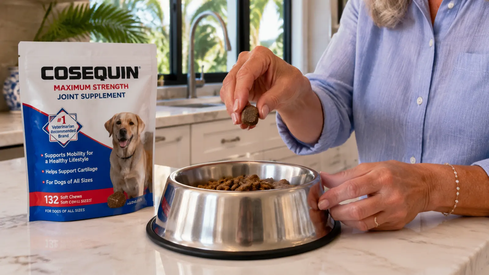 Hand holding a Cosequin soft chew over a small dog bowl with kibble
