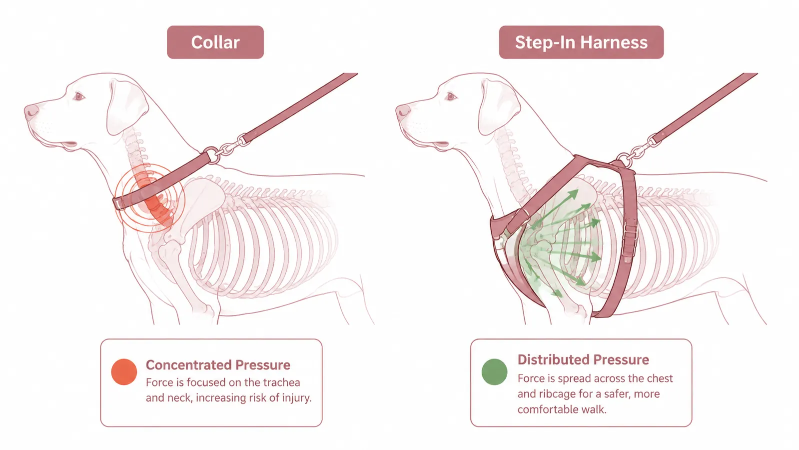 Diagram comparing collar pressure on a dog trachea versus harness pressure distribution across the chest