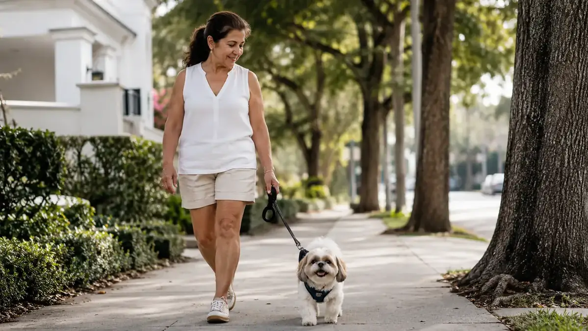 Dog mom walking a small Shih Tzu on a harness along a shaded neighborhood path