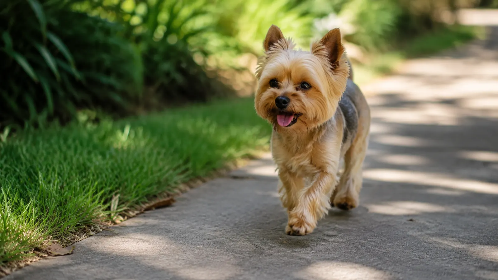 Small dog walking comfortably on a sidewalk with healthy, moisturized paw pads