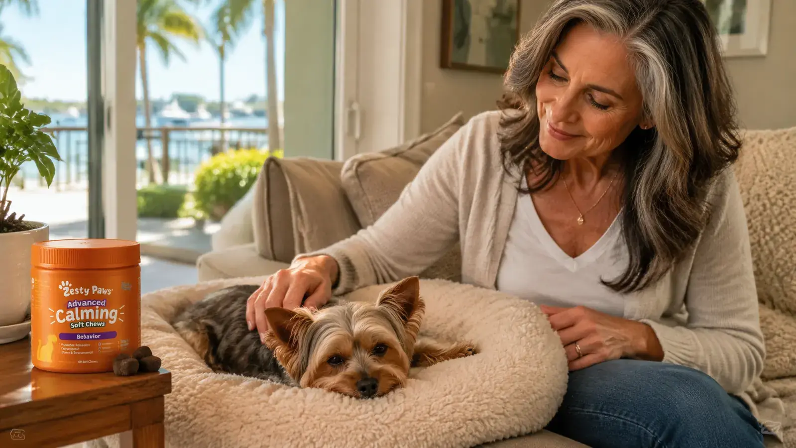 Rescue dog lying relaxed on a dog bed after several weeks of calming supplement routine