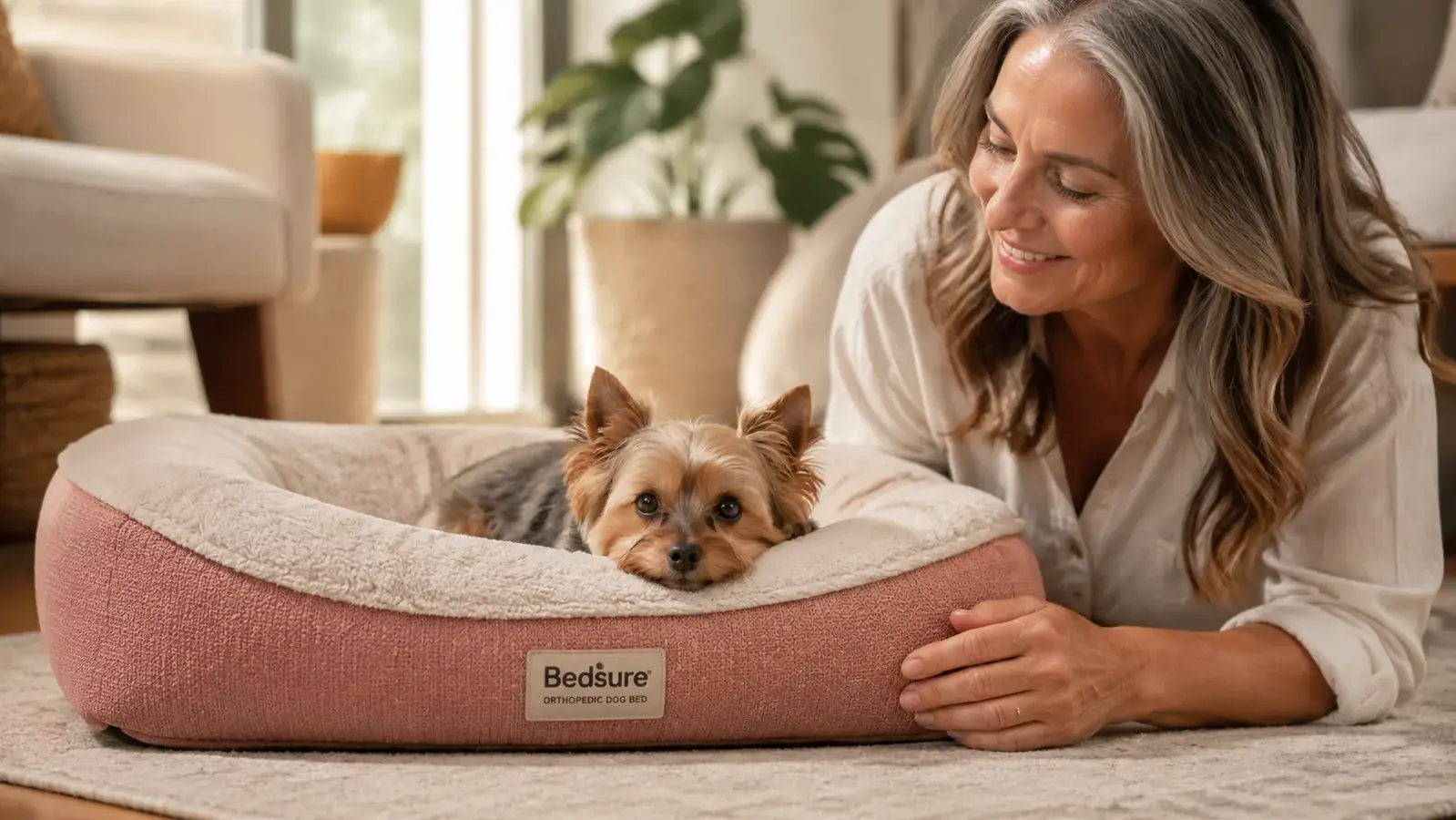 Close-up of the Bedsure orthopedic dog bed bolster edge with a small dog resting her chin on the rim