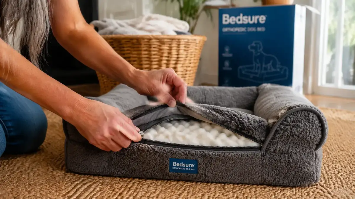 Hand pulling a dog bed cover off a bolster bed, showing the removable zipper design for washing
