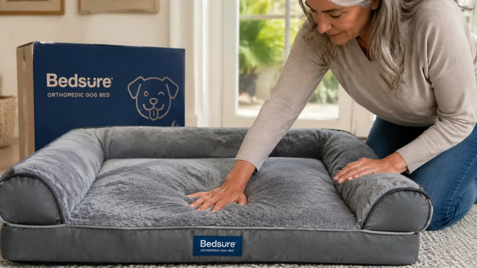 Close-up of a hand pressing down on the memory foam base of the Bedsure orthopedic dog bed to show density