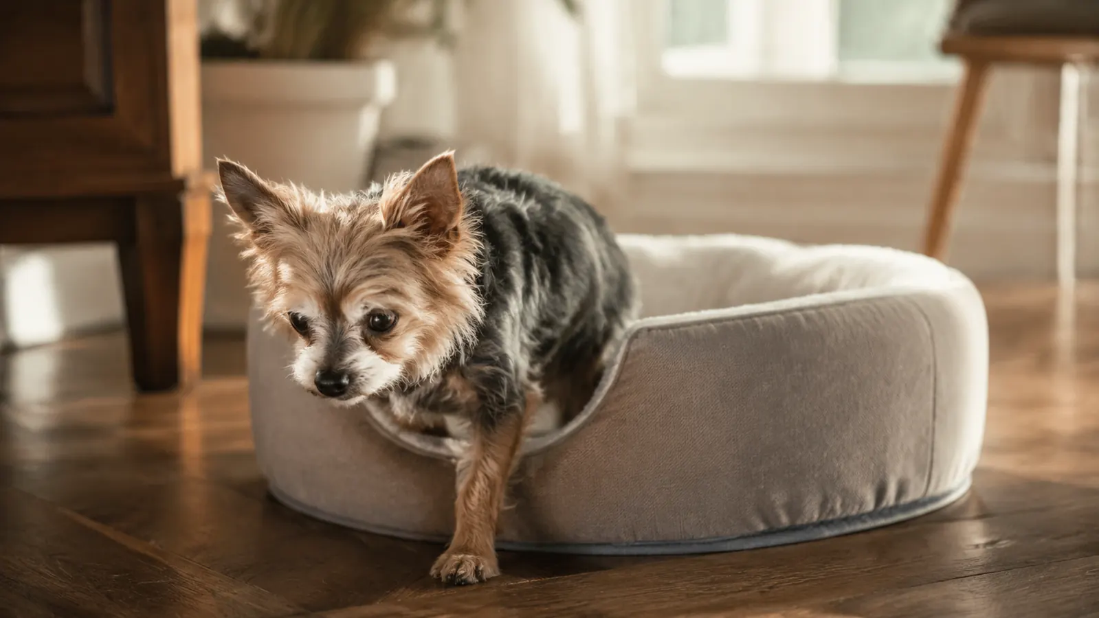 Senior Yorkie stepping carefully into the low-entry bolster dog bed, one paw on the bolster rim