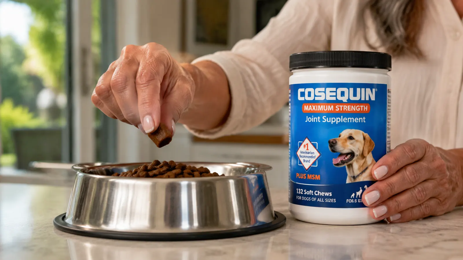 Hand holding a Cosequin soft chew over a stainless steel dog bowl filled with kibble