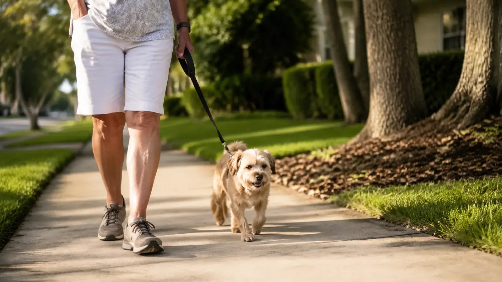Senior small dog walking slowly on a sidewalk with its owner in warm afternoon light