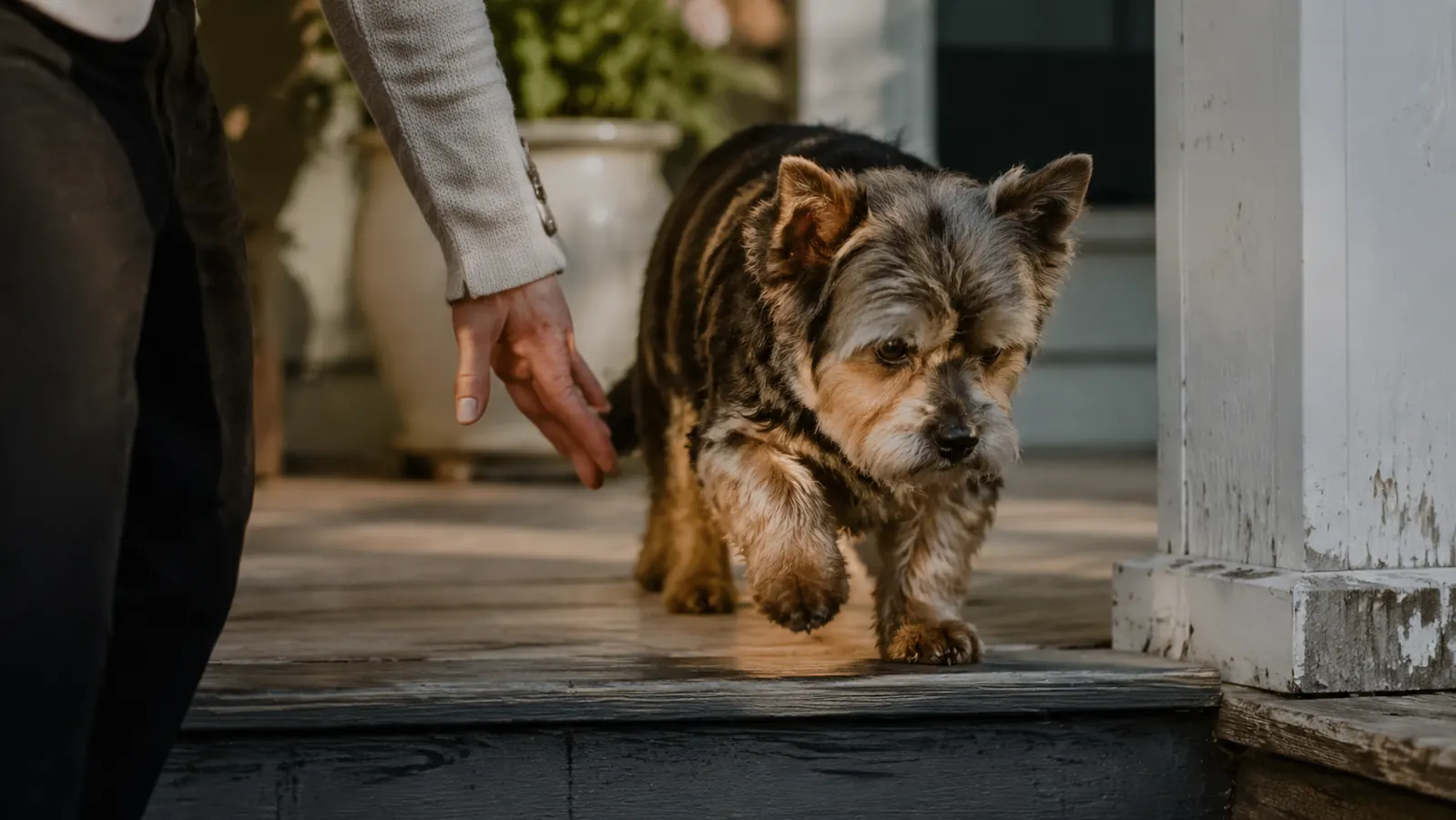 Small senior Yorkie slowly climbing a single porch step, owner nearby