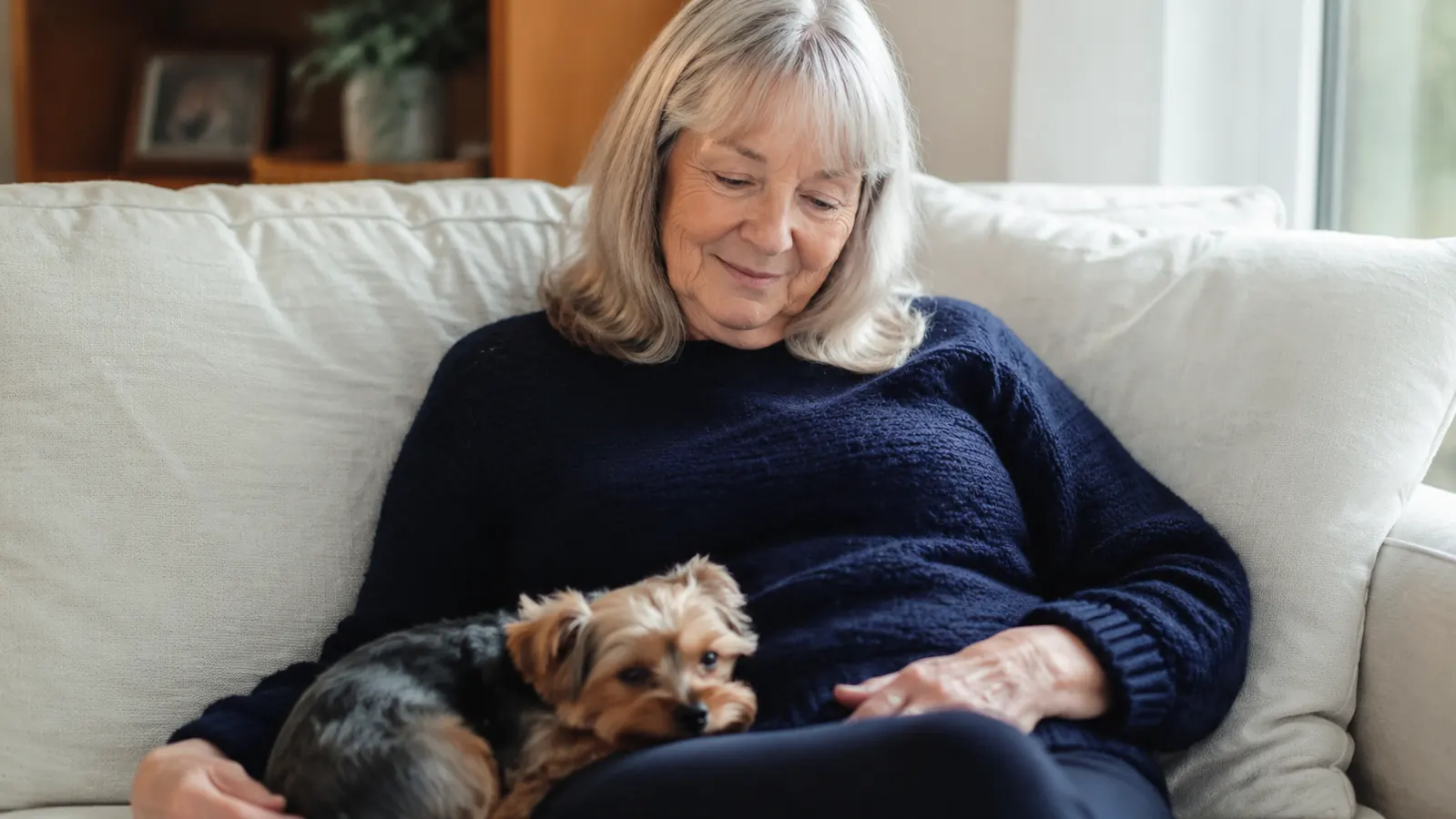 Senior Yorkie and owner sitting together on a couch, dog relaxed and content