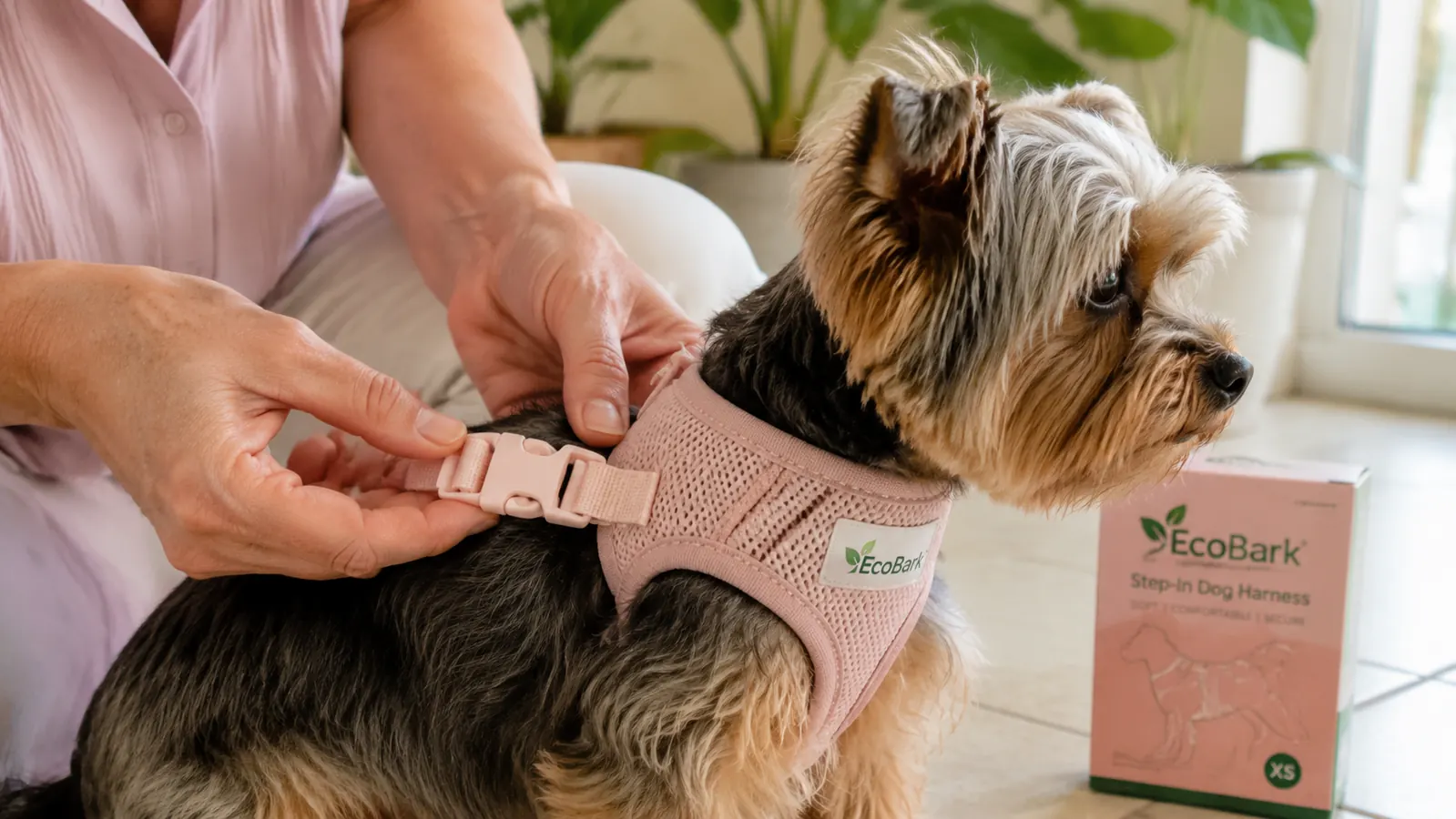 Close-up of hands fastening the side buckles of a soft mesh step-in dog harness on a small dog