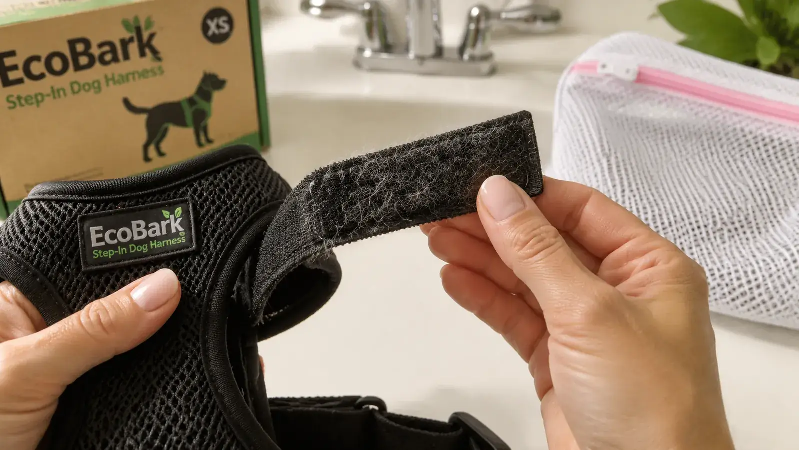 Close-up of velcro closure on a small dog harness showing wear and lint after repeated washing