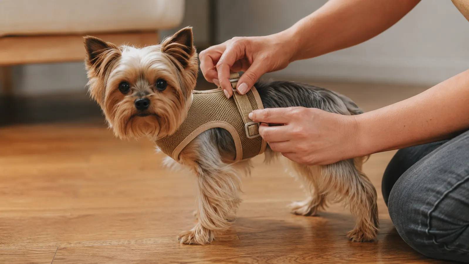 Woman adjusting a soft mesh harness on a small dog before a walk, hands shown at the side adjustment sliders