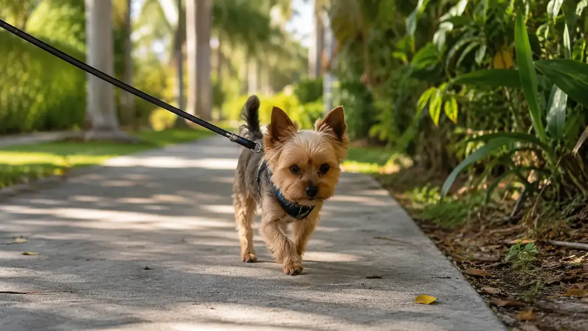 Small Yorkie walking confidently ahead on a leash along a shaded neighborhood path, harness visible across the back