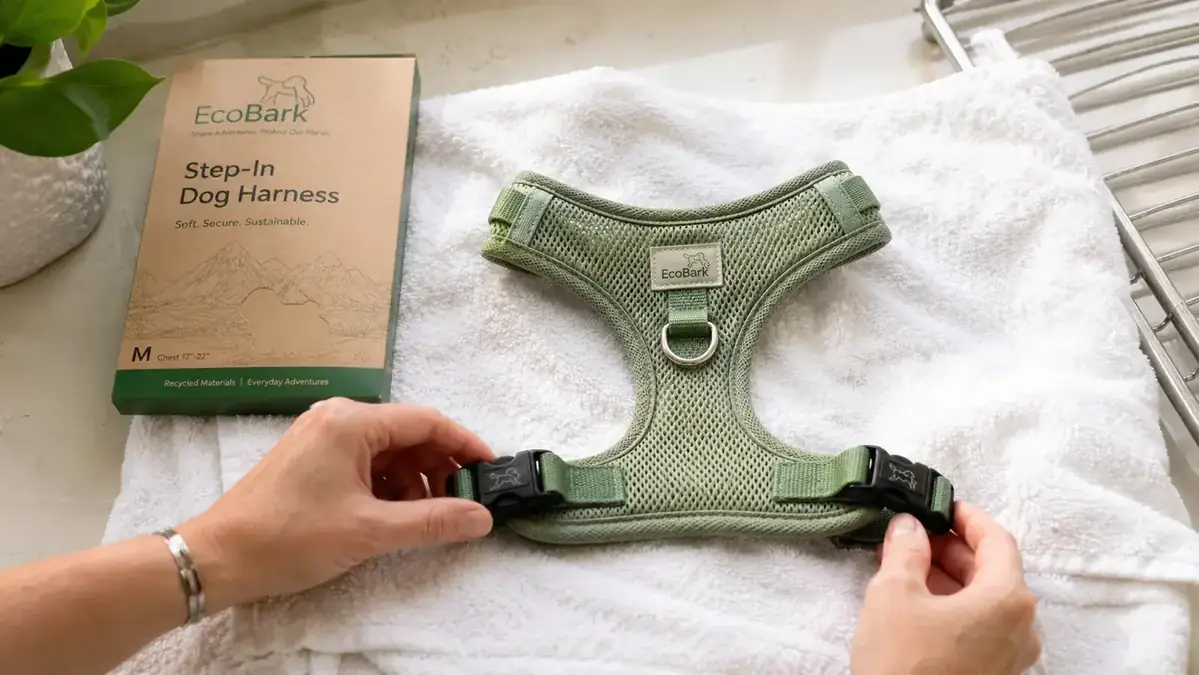 Soft mesh dog harness laid flat on a white towel after washing, harness clips and D-ring clearly visible