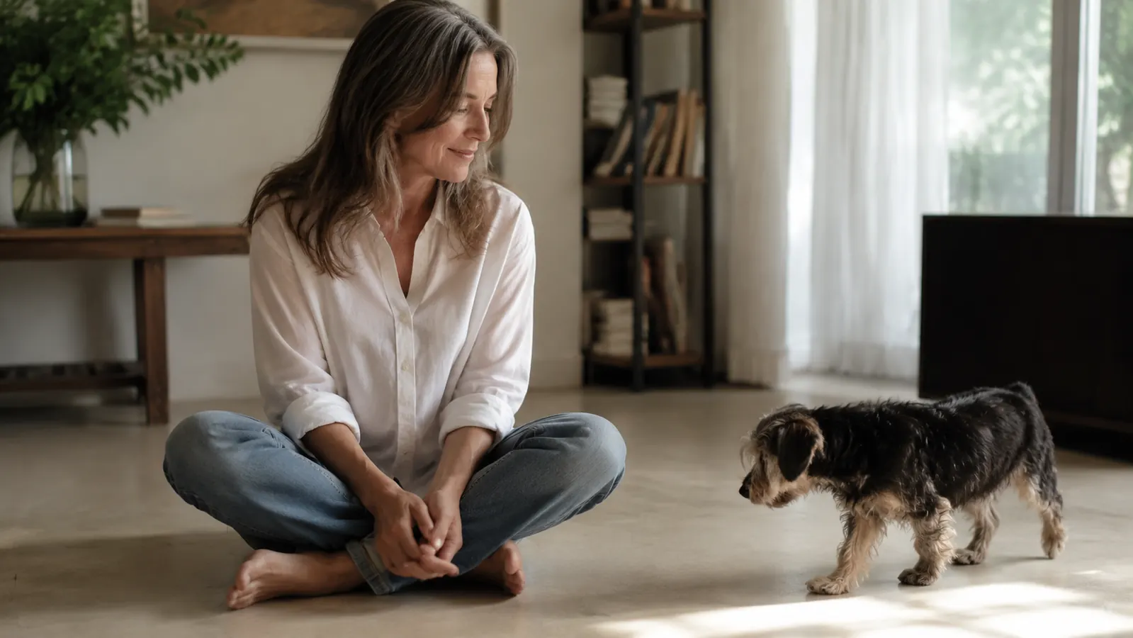 A person sitting on the floor beside their small dog, not reaching toward it, just being present