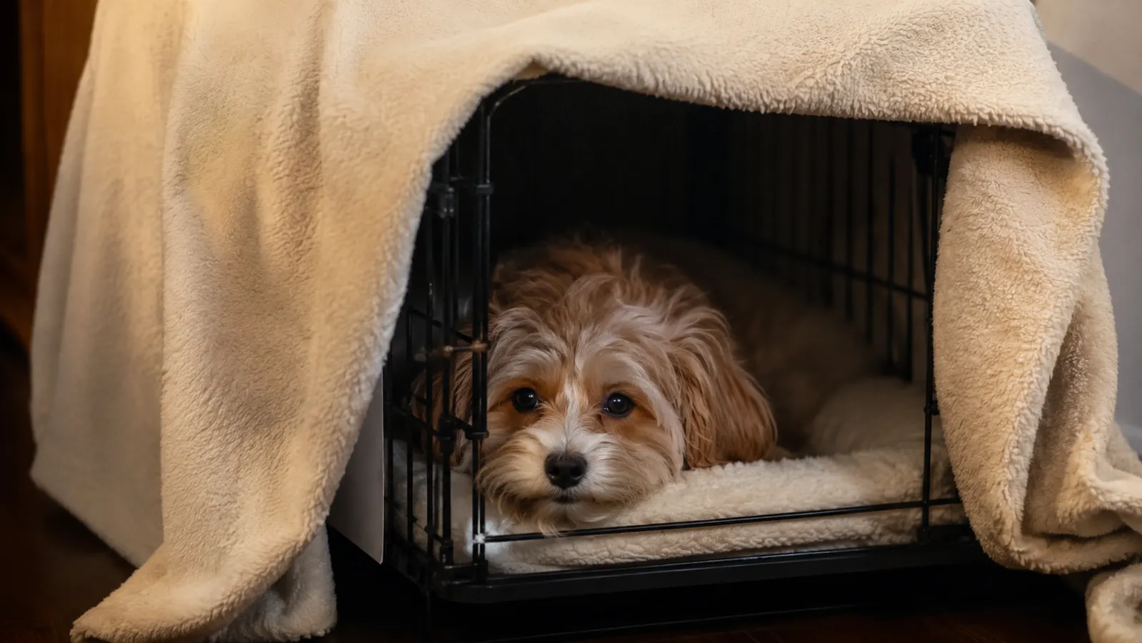 A rescue dog relaxed in a corner den made with a crate covered by a soft blanket, peeking out calmly