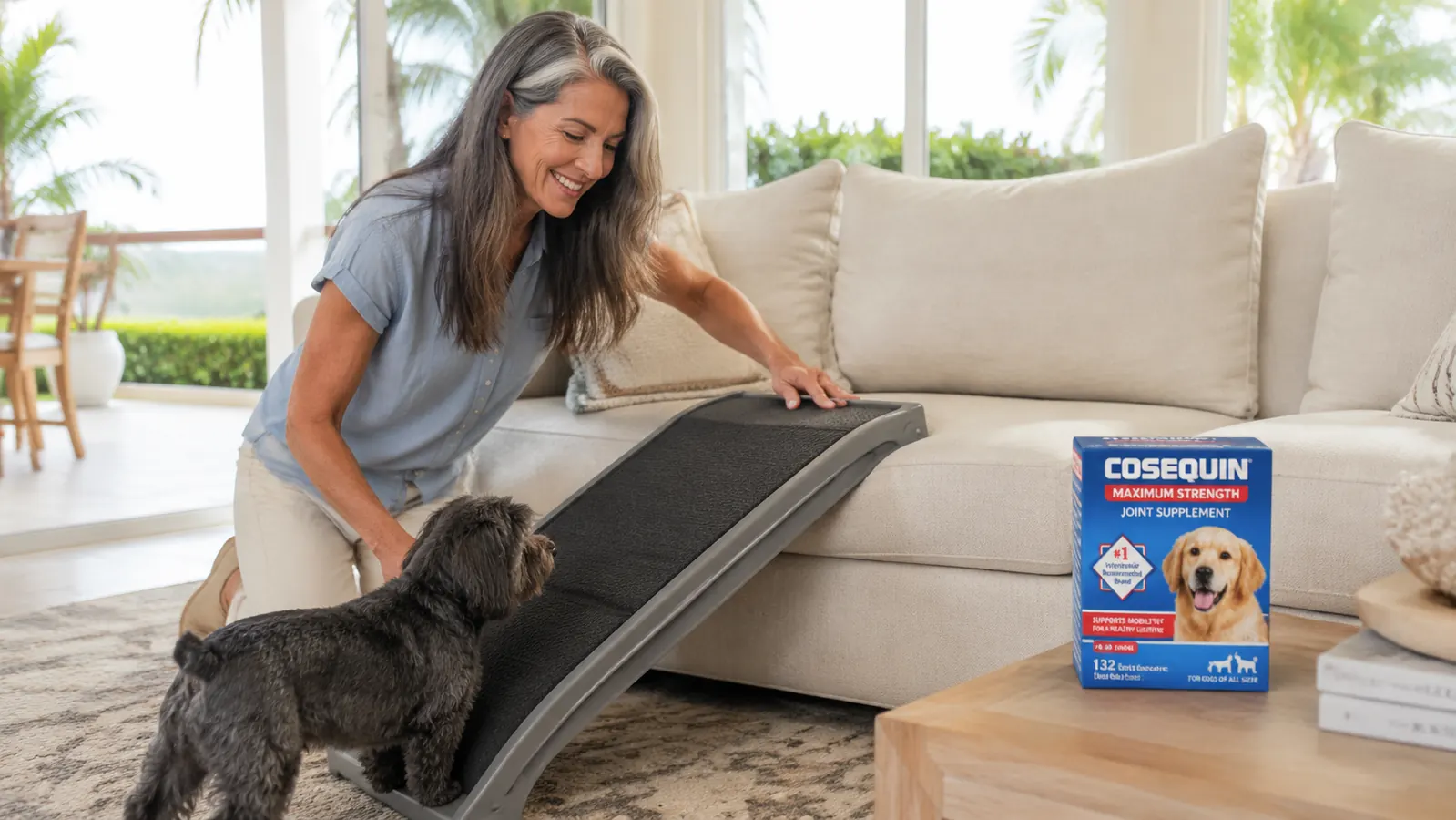 Woman placing a dog ramp next to a couch so a small senior dog can climb up without jumping