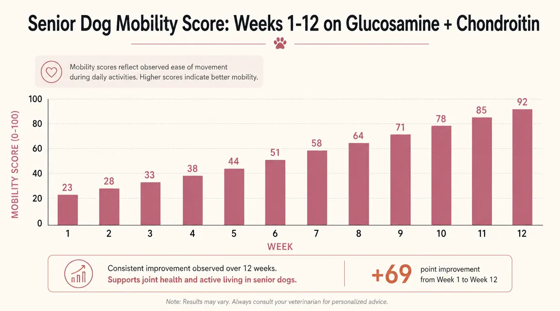 Chart showing joint mobility improvement in senior dogs over 12 weeks on a glucosamine supplement regimen