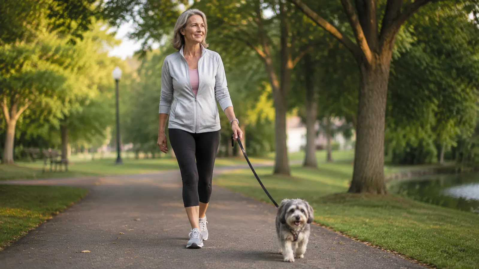 Senior dog and owner walking slowly together on a flat paved path through a park on a calm morning