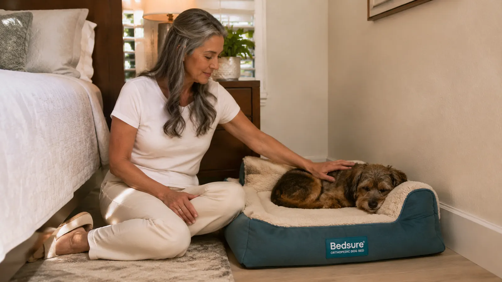 Bedsure orthopedic dog bed in a quiet bedroom corner with soft lighting, showing the bolster walls and memory foam base