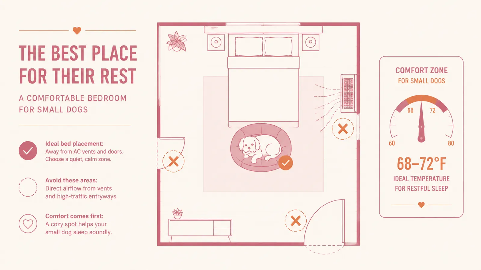Diagram showing ideal bedroom temperature range and airflow placement for a small dog sleeping area