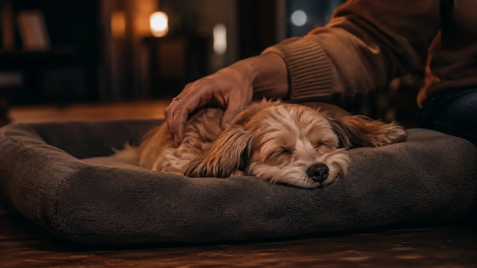 A calm small dog relaxing on a bolster bed during a pre-sleep routine with gentle ambient lighting