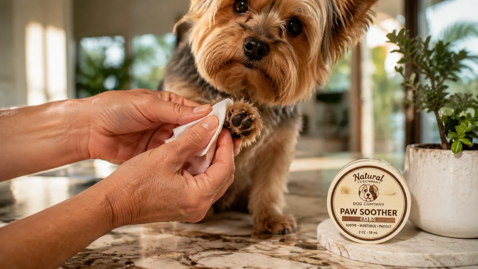 Damp cloth wiping the underside of a small Yorkie's paw, removing dirt between the pads