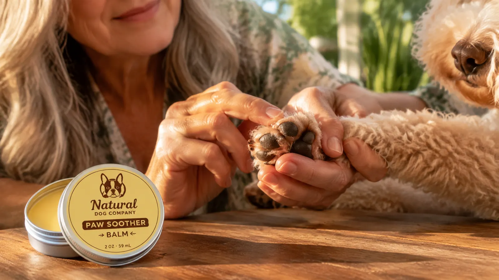 Small tin of Natural Dog Company Paw Soother balm open on a wooden surface next to a small dog paw