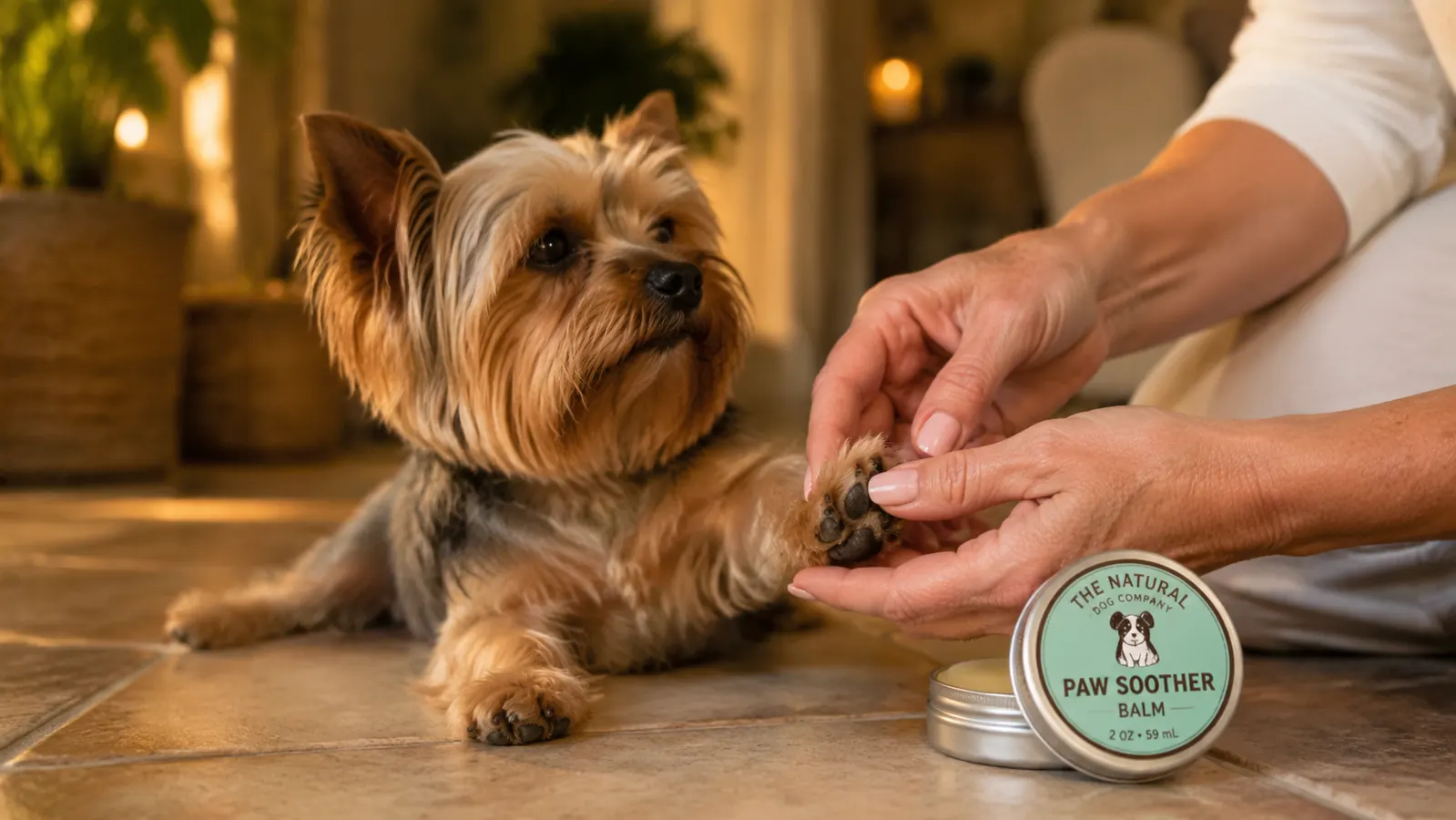 Close-up of woman applying paw balm to a Yorkie's paw pad in a kitchen, product tin open beside her