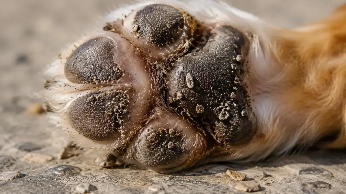 Small dog paw pad showing rough grit and debris stuck to a waxy balm surface after a walk on a dirt path