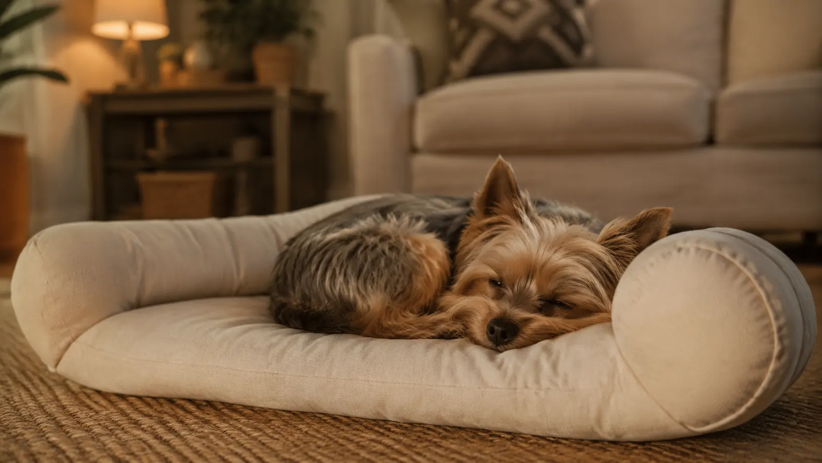 Small Yorkie settled on a dog bed, eyes closing, paws tucked underneath, evening lamplight