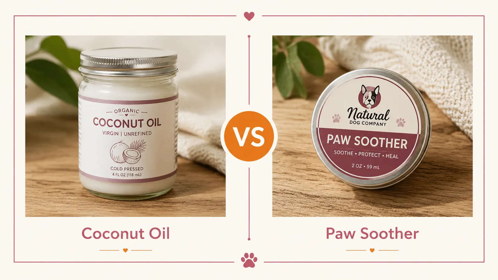 Side-by-side comparison of a small jar of coconut oil versus a tin of Natural Dog Company Paw Soother on a wooden surface
