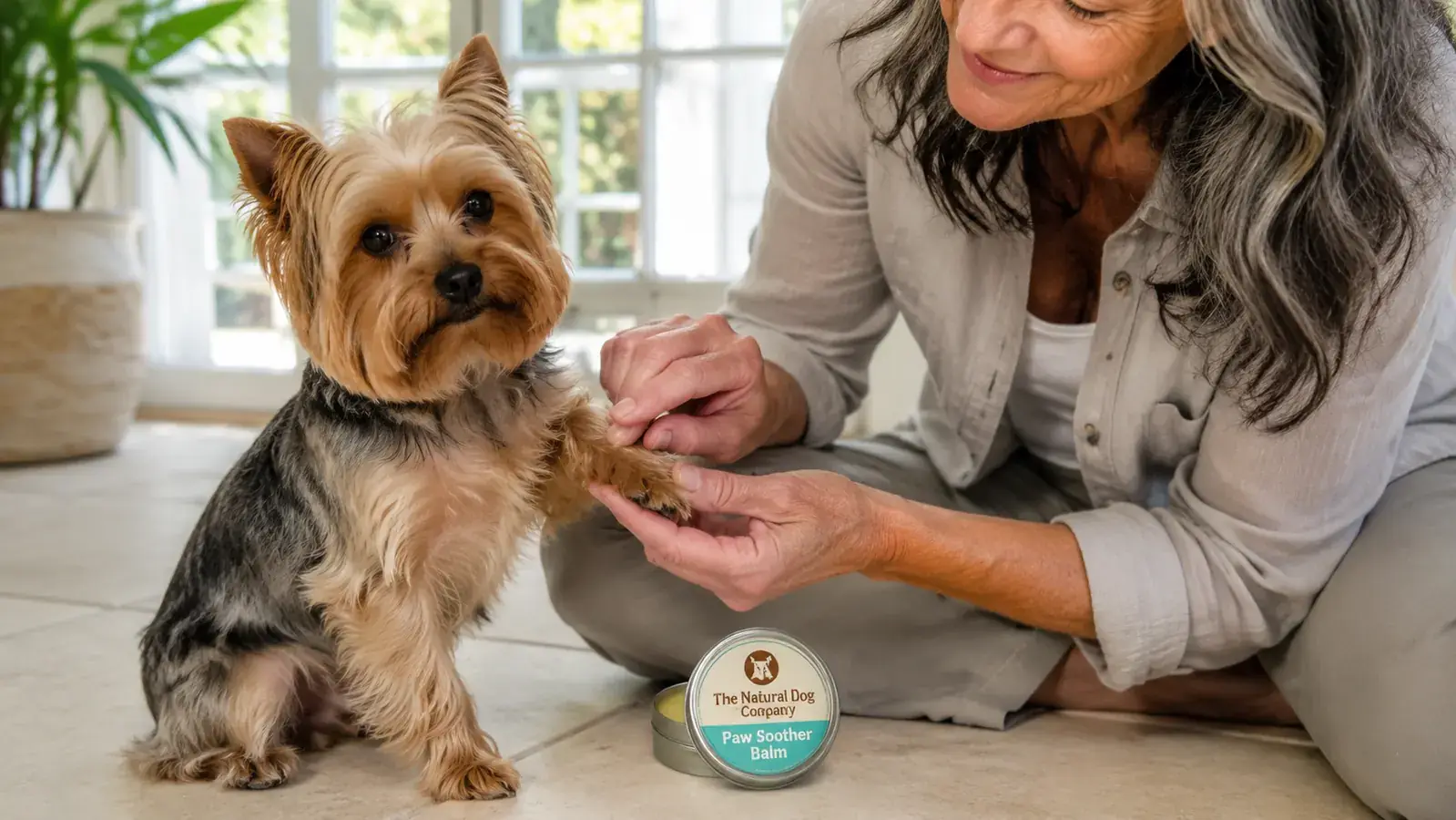 Close-up of a woman's hand applying a small amount of paw balm to a Yorkie's front paw pad