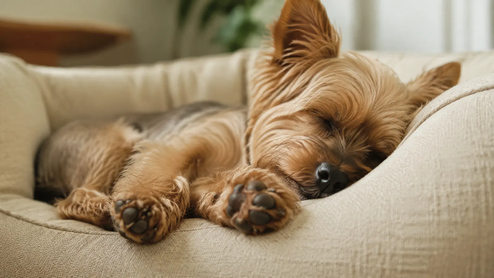 Yorkie with soft, pink-tinged paw pads resting comfortably on a cream-colored dog bed