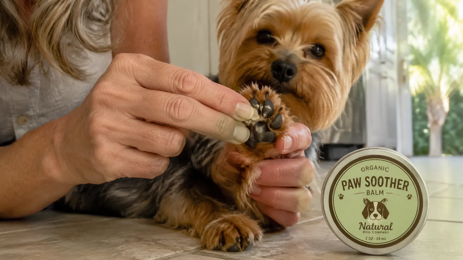 Hand applying a small amount of paw balm to a Yorkie's cracked front paw pad