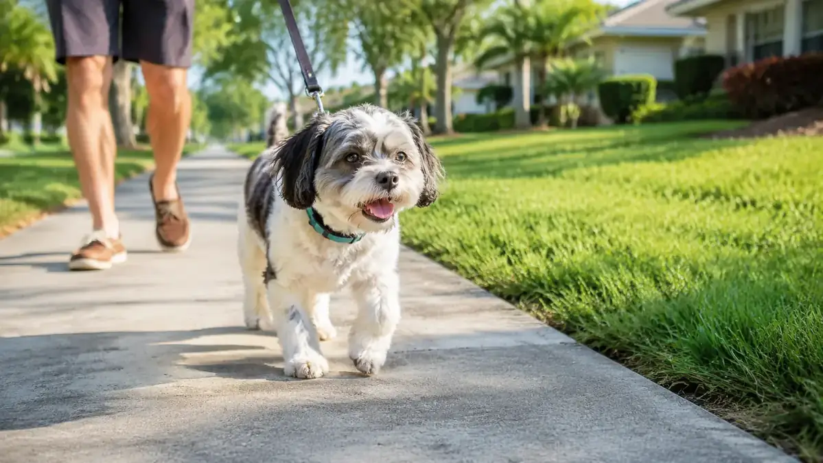 Small dog walking confidently on a sidewalk in bright morning light, paws in motion