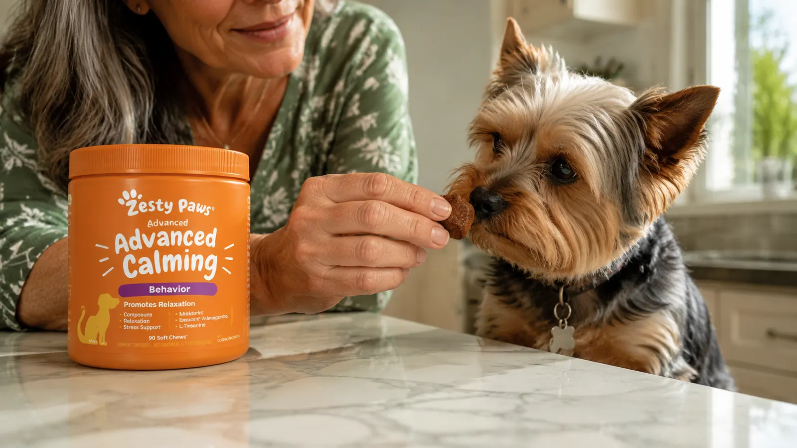 Hand holding a Zesty Paws Advanced Calming Chew soft chew next to a small dog who is sniffing it cautiously