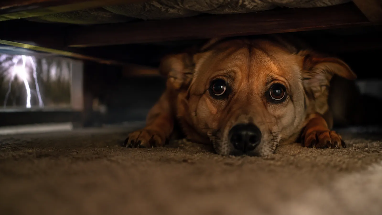 Dog hiding under a bed during a thunderstorm, visibly trembling and anxious despite supplements