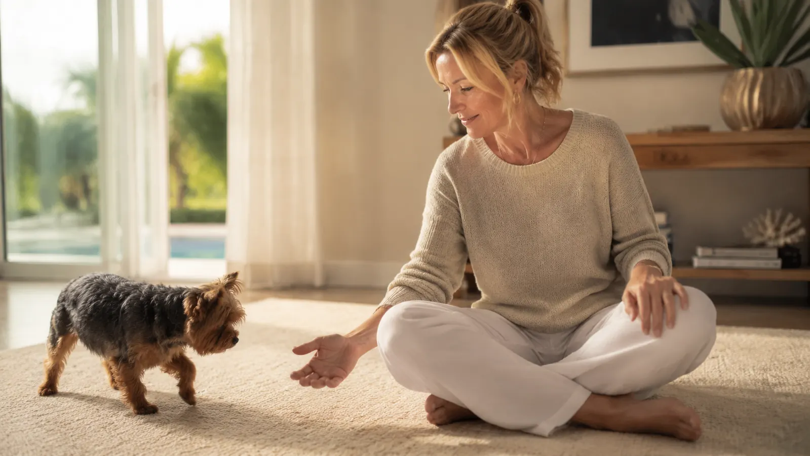 Dog owner sitting on the floor calmly beside a small dog, hand resting gently near the dog, creating a safe and trusting moment