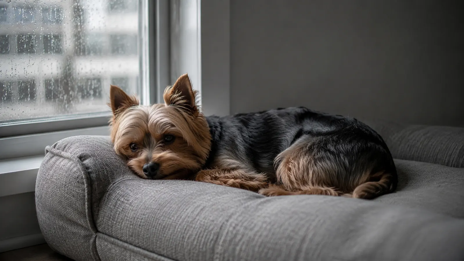 Yorkie resting calmly on a dog bed near a window during a rainstorm