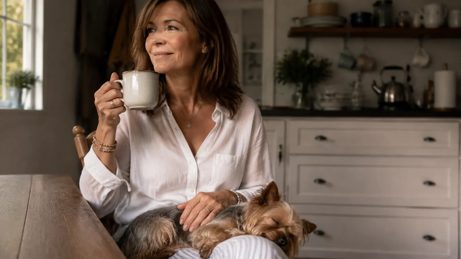 Woman sitting at a kitchen table with a Yorkie sleeping on her lap, mug of coffee in hand